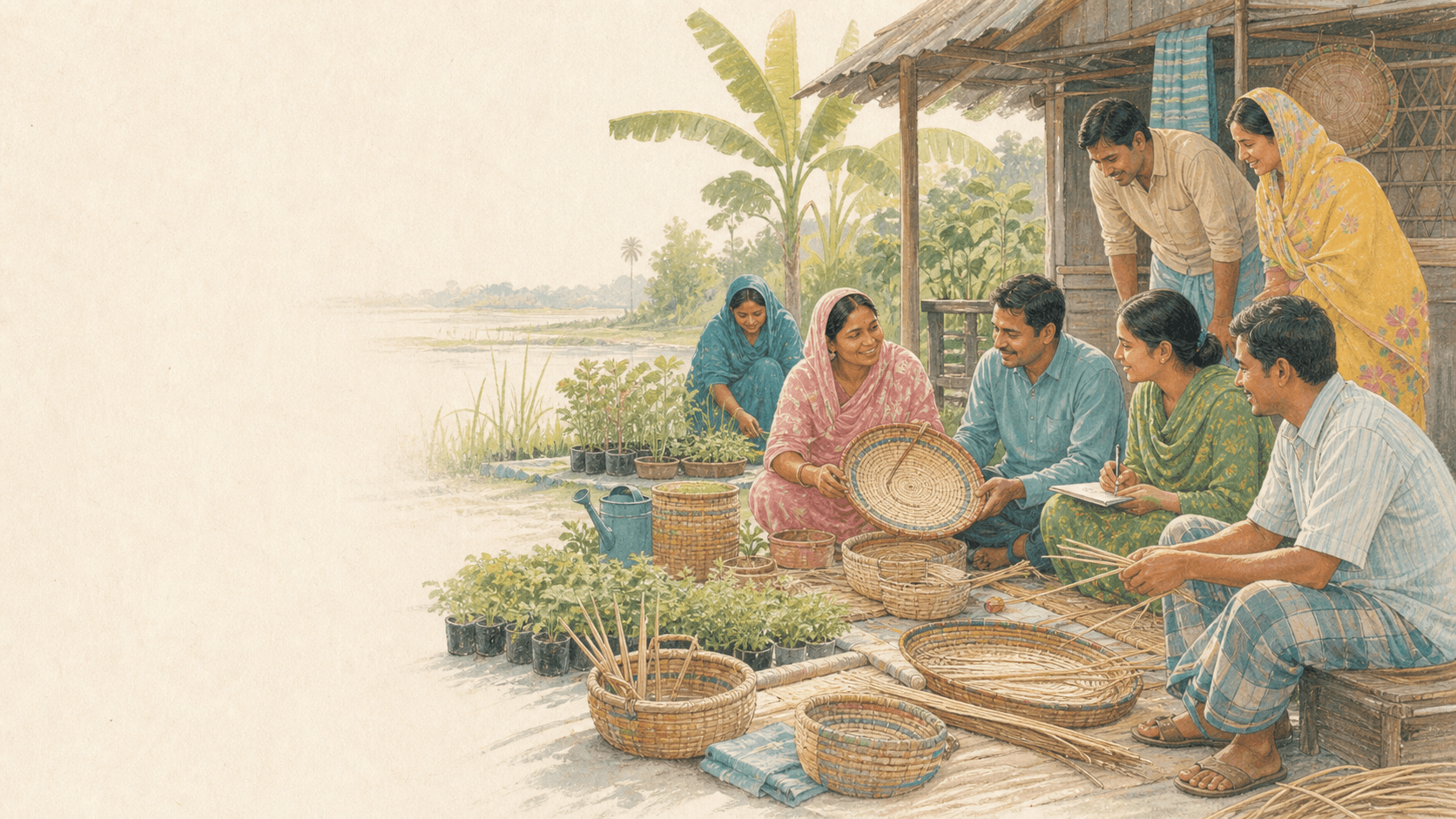 Community members exchange livelihood skills beside seedlings and woven craftwork at a rural homestead in Bangladesh.