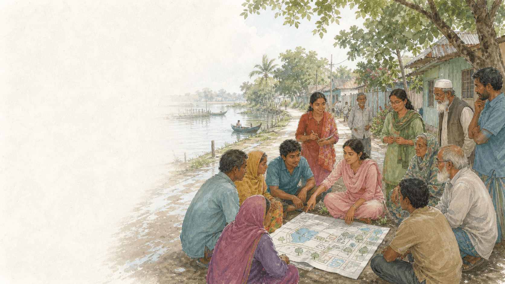 A diverse community group reviews a shared neighborhood plan beside a waterside path in southwest Bangladesh.