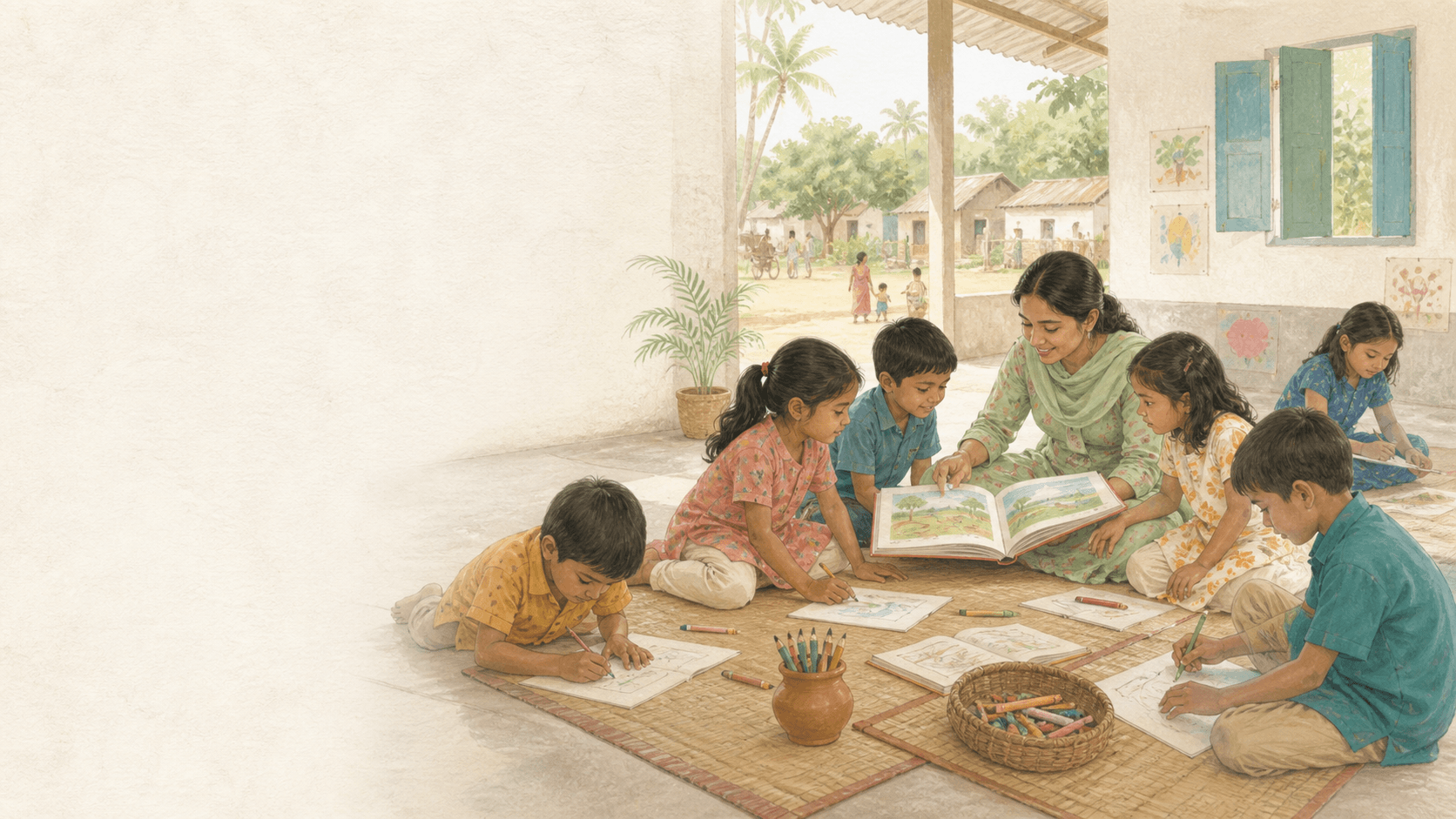 Children read and draw with a local educator in a bright community classroom in southwest Bangladesh.